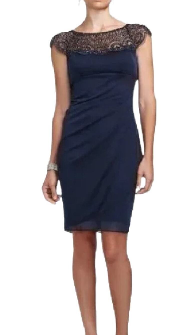 Xscape Beaded Sheath Cocktail Sheath Dress Size 14 Navy Blue Shirred Bodycon